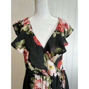Socialite HighLow Black Floral Dress Party Wedding Faux Wrap Ruffle Sleeve Sz Sm